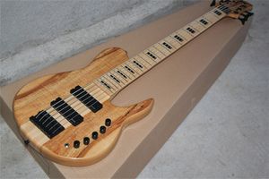 Guitare basse électrique 6 cordes couleur bois naturel Manche à travers le corps en frêne Table en érable flammé Matériel noir Touche en érable Batterie 9V Micros actifs