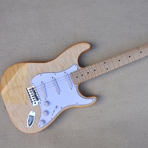 Guitare électrique 6 cordes en bois naturel avec placage d'érable matelassé, manche en érable, micros SSS personnalisables