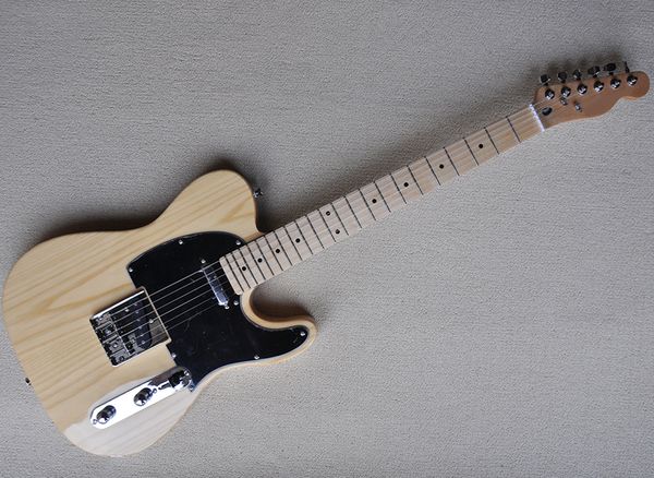 Guitare électrique couleur bois naturel 6 cordes avec corps en frêne, manche en érable, pickguard noir, peut être personnalisé à la demande