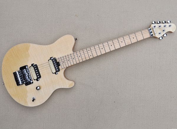 Guitarra eléctrica de 6 cuerdas de color madera natural con Floyd Rose, chapa de arce flameado, diapasón de arce, personalizable