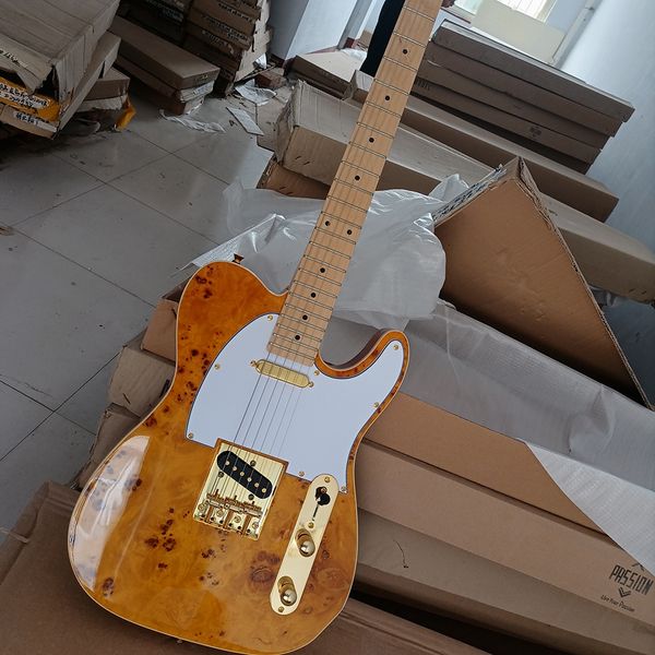 Guitare électrique 6 cordes couleur bois naturel avec placage ronce d'érable manche en érable pickguard blanc personnalisable