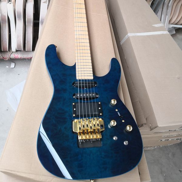 Guitare électrique bleu marine à 6 cordes, avec touche en érable Floyd Rose, placage d'érable matelassé personnalisable