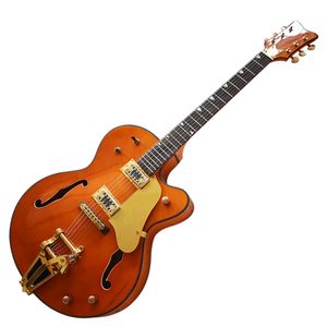 6 cordes guitare électrique semi-creuse orange avec gros trémolo, manche en palissandre