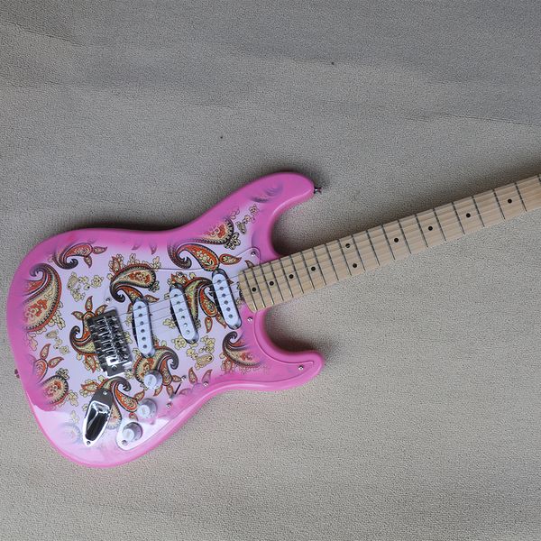 Guitarra eléctrica rosa de 6 cuerdas con pegatina especial, diapasón de arce, pastillas SSS personalizables