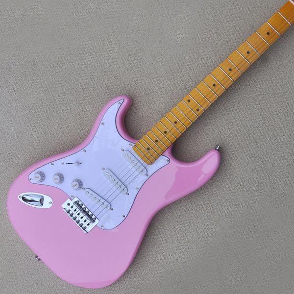Guitarra eléctrica rosa de 6 cuerdas para mano izquierda con pastillas SSS, golpeador blanco personalizable