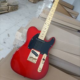 Guitare électrique rouge à 6 cordes avec touche en érable, Pickguard noir, matériel doré personnalisable