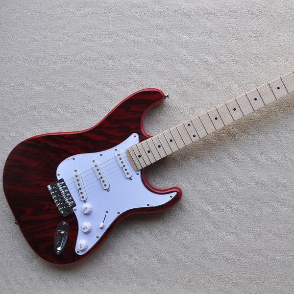 Guitarra eléctrica de madera de cebra roja de 6 cuerdas con pastillas SSS de diapasón de arce personalizables