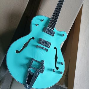 Guitare électrique Semi-creuse bleu ciel à 6 cordes, avec grand manche en palissandre trémolo personnalisable