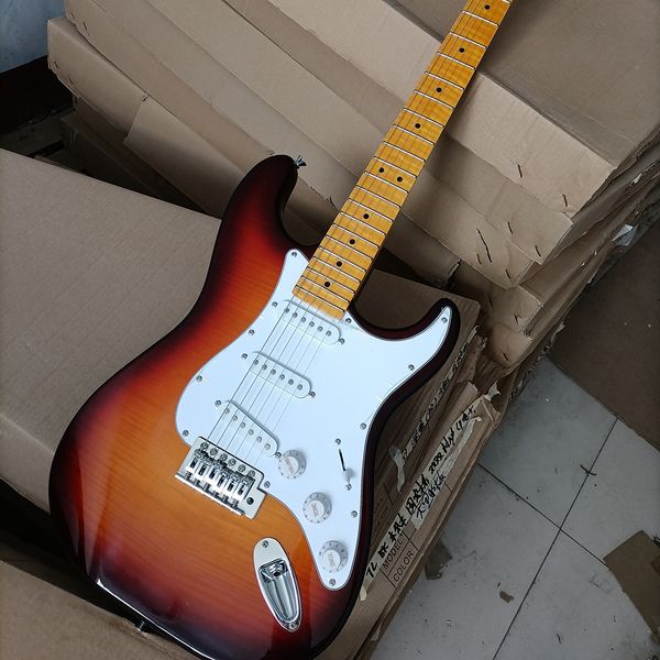 Guitarra elétrica sunburst de 6 cordas, tabaco, com chama, pescoço de bordo, captadores sss, bordo amarelo, fretboard personalizável