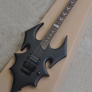 Guitare électrique noire mate inhabituelle à 6 cordes avec touche en palissandre Floyd Rose personnalisable