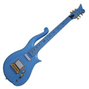 6 cordes Guitare électrique bleue en forme de ciel en forme inhabituelle avec corps sculpté CNC, matériel doré, haute qualité