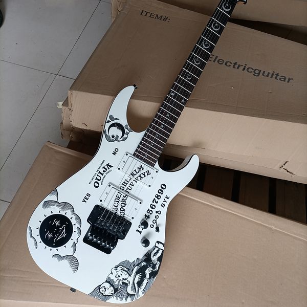 Guitarra eléctrica blanca de 6 cuerdas con pegatina Monn, diapasón de palisandro Floyd Rose personalizable