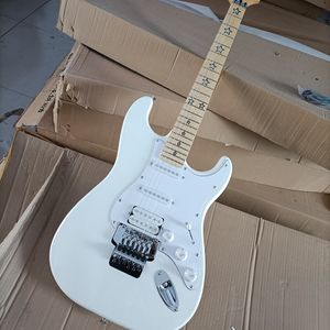 Guitare électrique blanche à 6 cordes avec incrustation d'étoiles, manche en érable Floyd Rose personnalisable