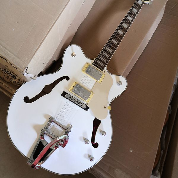 Guitare électrique semi-creuse blanche à 6 cordes avec grand manche en palissandre Tremolo personnalisable