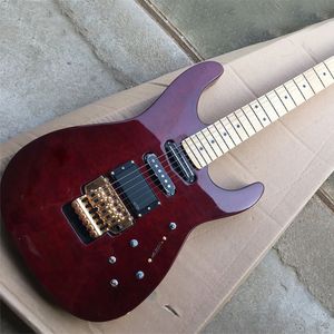 Guitare électrique rouge vin à 6 cordes, avec touche en érable Floyd Rose, placage d'érable matelassé personnalisable