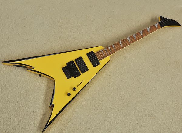 Guitarra eléctrica de 6 cuerdas en V amarilla con ribete negro