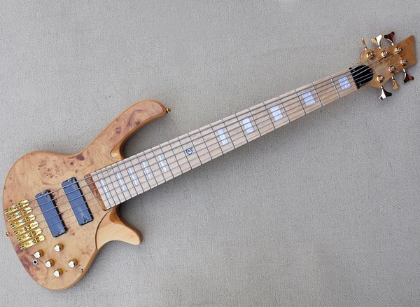 Bajo eléctrico de 6 cuerdas Ash con chapa de arce burl, diapasón de arce, herrajes dorados, se puede personalizar a petición