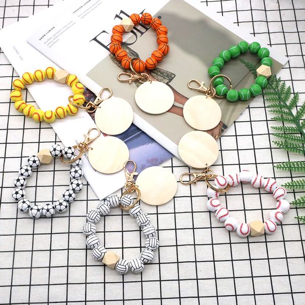 6 styles bracelet perlé porte-clés fête faveur baseball basket-ball porte-clés volley-ball football bracelet de perles en bois porte-clés Llavero De Pulsera Con Cuentas