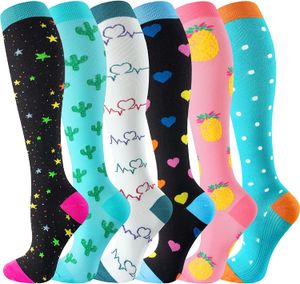 6 Styles de chaussettes de Compression, chaussettes de sport Happy, idéales pour Anti-Fatigue, soulagement de la douleur, chaussettes hautes pour hommes et femmes