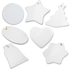 Sublimatie blanco feestdecoraties 2022 Witte keramische hanger met gouden touw voor kerstkamer Home Decor