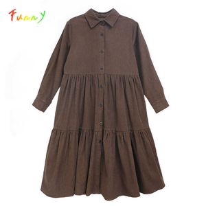 6 tot 16 jaar Kids Tiener Meisjes Ruche Corduroy Midi Jurk Lange Mouw Knoopt Shirt Jurken voor Meisje Herfst Winter Kleding Q0716