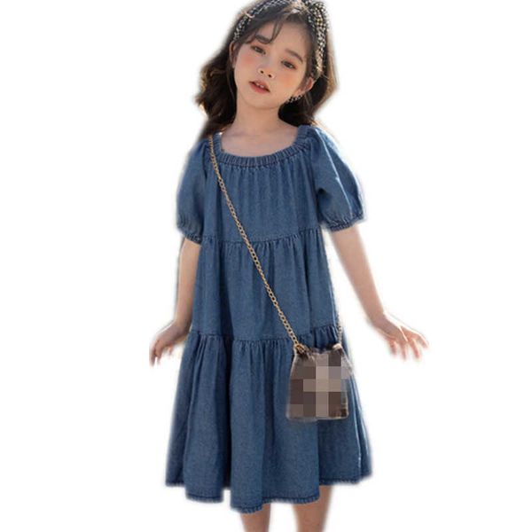 6 a 16 años Niños Adolescente Niñas Verano Cuello Cuadrado Jeans Flare Vestido Niños Niña Moda Azul Denim Vestidos con gradas Q0716