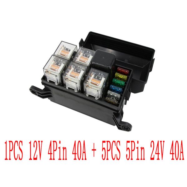 Ensamblaje de caja de fusibles automático de 6 vías con 1 Uds. 12V 4 pines 40A + 5 uds 5 pines 24V 40A relé y fusibles relé de montaje de distribuidor de modificación de potencia