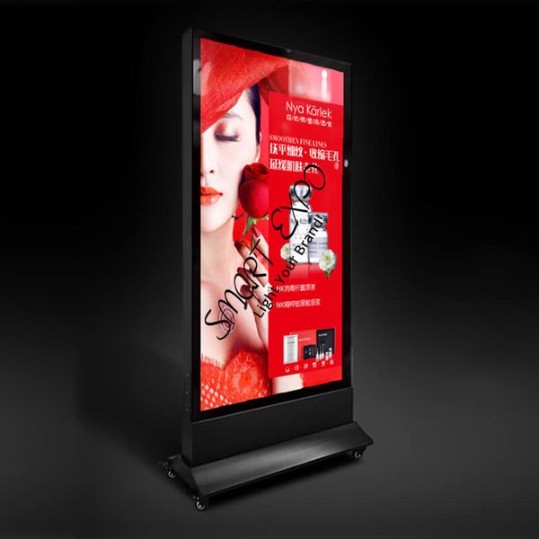 Affichage publicitaire mobile au sol pour centre commercial, caisson lumineux LED double face avec roues de base, emballage en caisse en bois (60 x 150 cm)