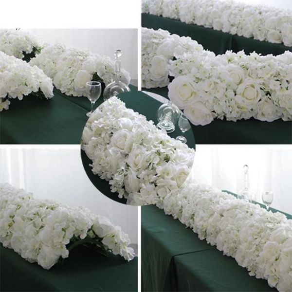 Chaîne de fleurs artificielles blanches de 60 / 55cm avec base en plastique Green Mesh Base de mariage accessoires de décoration de la fenêtre de la fenêtre d'événement