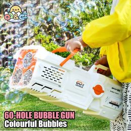 60 Holes Bubble Gun Elektrische automatische Raket Soap Bubble Machine Kid Outdoor Wedding Party Led Led Light Childrens Day Gifts 240417