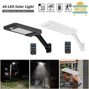 60 LED Luz solar PIR Sensor de movimiento IP65 Jardín exterior Lámpara regulable de pared Lámpara solar Control remoto Manual