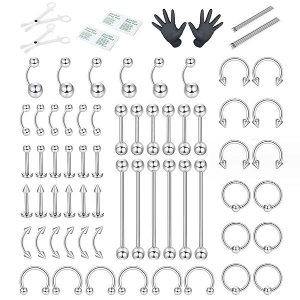 60 pièces corps Piercing ensemble de bijoux Kit avec aiguilles de perçage pour nez Septum nombril lèvre oreille langue Cartilage sourcil 240109