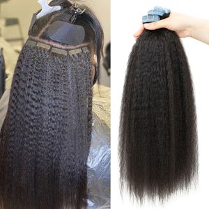 60Pcs Kinky Straight Tape In Human Hair Extensions Invisible Natural Virgin Hair 14-30 Inches