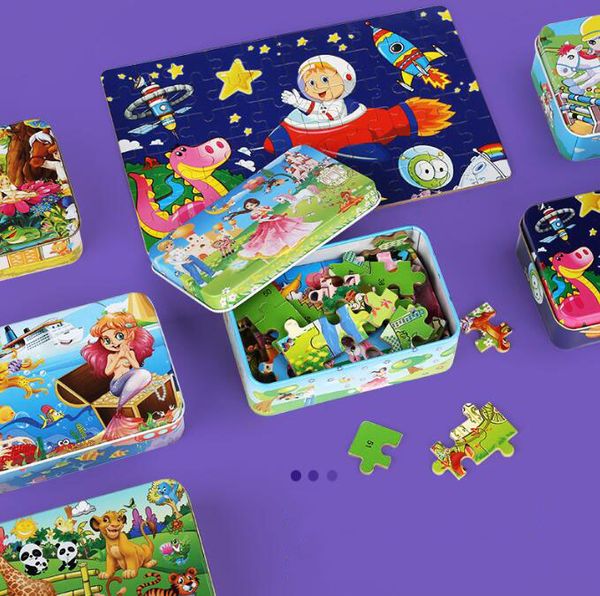 Caja de hierro de 60 piezas Rompecabezas Educación para niños de niños de jardín de niños dibujos animados de madera Puzzle Puzzle Toy