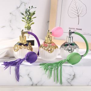 60 pièces 1,7 oz flacon vaporisateur d'airbag de parfum de style libellule vintage 50 ml bouteille d'huile essentielle rechargeable transparente avec pompon long violet/vert