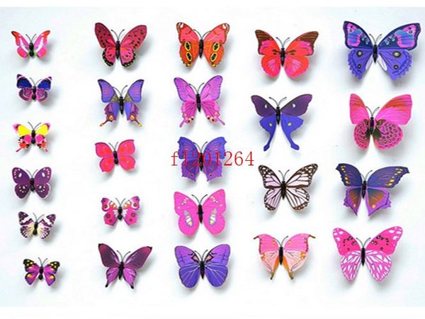 6000pcs (= 500sets) Livraison gratuite 12pcs / set 3D Butterflies Stickers Wall Decoration 3D Butterfly PVC Autocollants amovibles