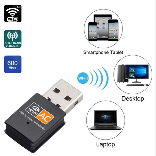 Adaptateur WiFi USB de 600 Mbps USB double bande 2.4G / 5GHz RTL811CU RTL811Cu Adaptateurs Wi-Fi Dongle 600m Wi-Fi Dongle 600M 802.11ac Récepteur Ethernet