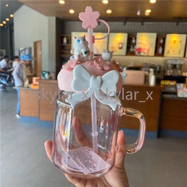 600ML rose Sakura chat mignon Starbucks paille tasses verre boisson froide tasse cadeau Product213S