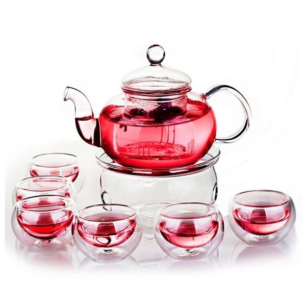 600ml Théière Set Verre résistant à la chaleur avec bougeoir rond Coupe Fleur Chinois Kung Fu Pot Ware Cadeau 210724