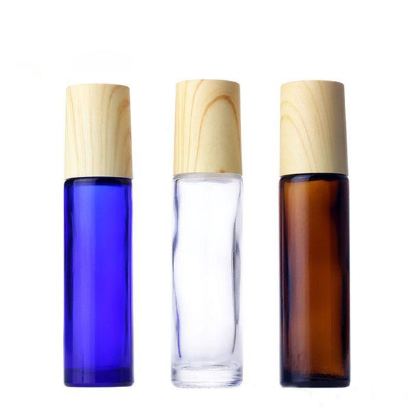 600pcs 10ml bleu clair ambre vide rouleau sur verre bouteilles de parfum ROULEAU EN ACIER INOXYDABLE rechargeable avec couvercle en bois grain