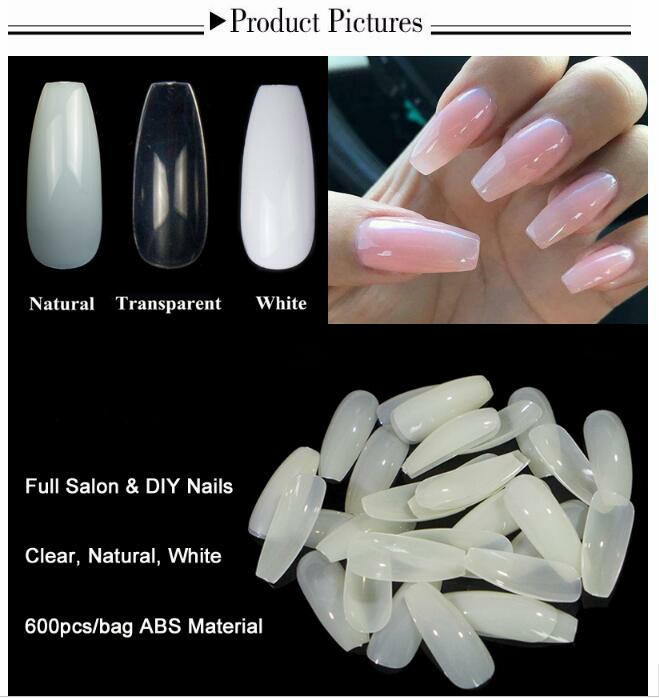 600pcs / Sac Nail Art Transparent Naturel Faux Ongles Art Conseils Forme plate Full Cover Manucure Faux Conseils Ongles