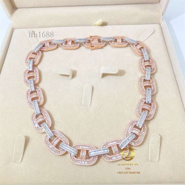 

Custom Hip Hop Baguette Cut Moissanite 15Mm Rose Gold White Gold Women Two Tone Cuban Link Chain Necklace