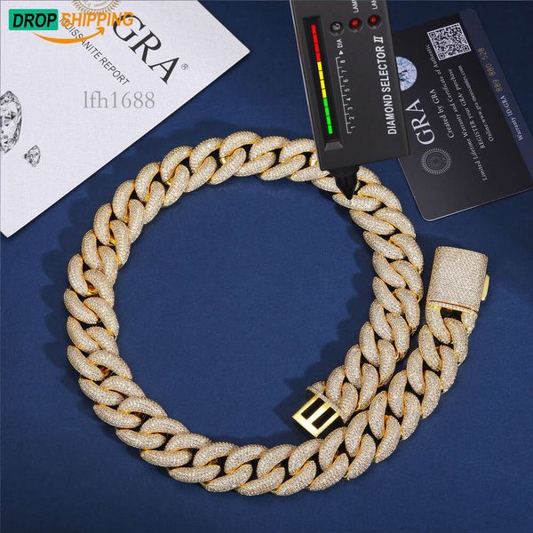 

Dropshipping Hip Hop 12Mm-18Mm Sterling Sier Mirco Paved Vvs Moissanite Diamond Iced Out Bubble Cuban Link Chain Necklace