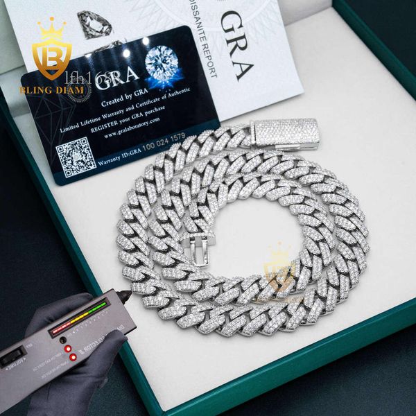 

Gra Certificate Miami Cuban Chain 15Mm Sier Iced Out Moissanite Cuban Link Chain Hip Pop Jewelry