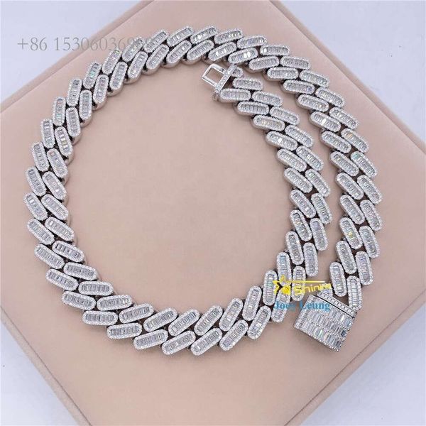 

Bling Bling 18Mm Width Hotsale Sier Hip Hop Jewelry Moissanite Diamond Iced Out Custom Baguette Cuban Link Chain