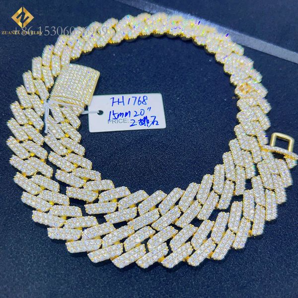 

Hiphop Jewelry 15Mm Iced Out Vvs Moissanite Chain Sterling Sier Miami Cuban Chain Necklace