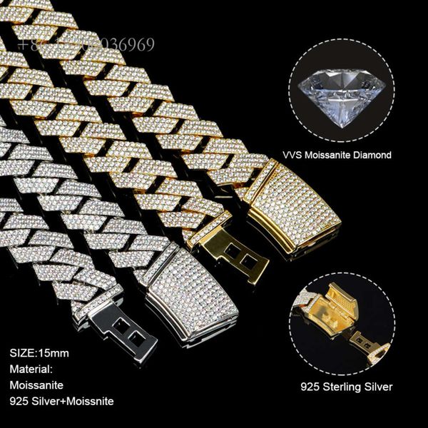 

15Mm 18Mm Sier Prong Setting Vvs Moissanie Diamond Ice Out Miami Cuban Link Necklace Mens