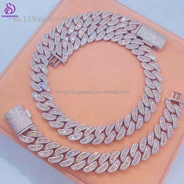 

High Quality Hip Hop Jewelry Sier 18Mm 20Mm Ice Out Vvs Baguette Diamond Moissanite Cuban Link Chain For Mens