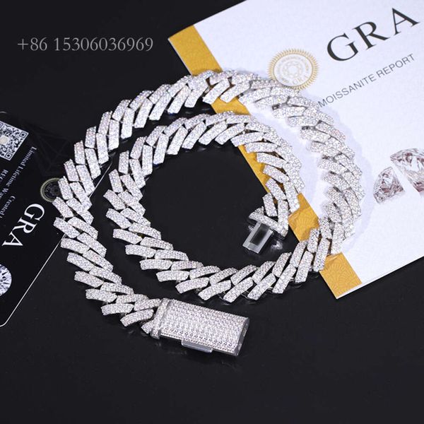 

Yu Ying Fashion Solid Sier Chain 2Rows 15Mm Width Gra Moissanite Diamond Cuban Link Chain Rapper Hip Hop Necklace