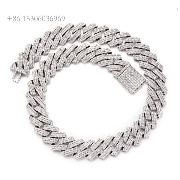 

White Gold Plating Thick 22Mm 3 Rows Cubic Zirconia Sterling Sier Iced Out Prong Cuban Link Chain